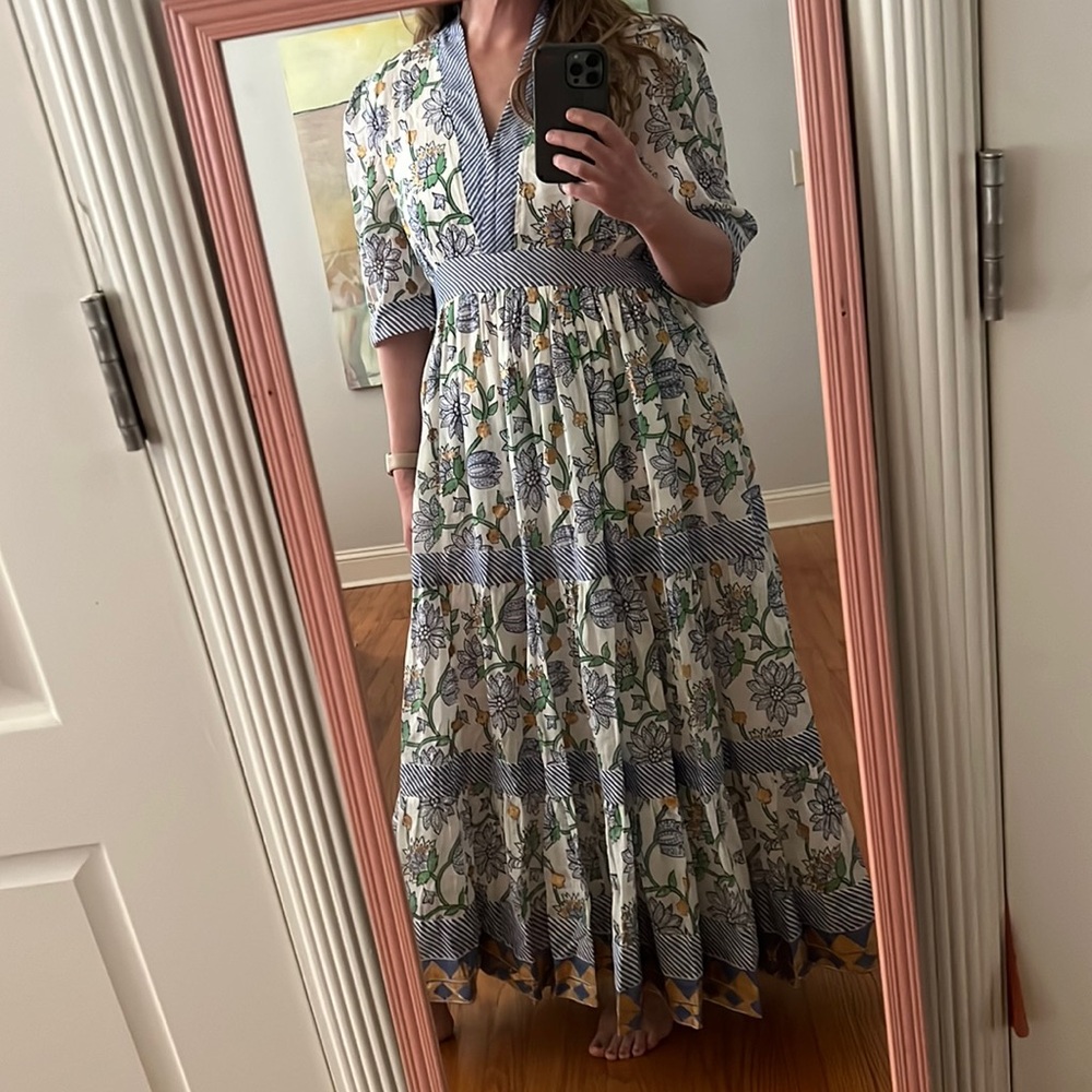 Oliphant - Women’s V-Neck Cuffed Maxi Dress in ‘Presidio Blue’ Print Large - Picture 13 of 17